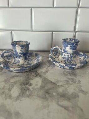 Blue Speckle Ceramic Candle Holders - Set of 2